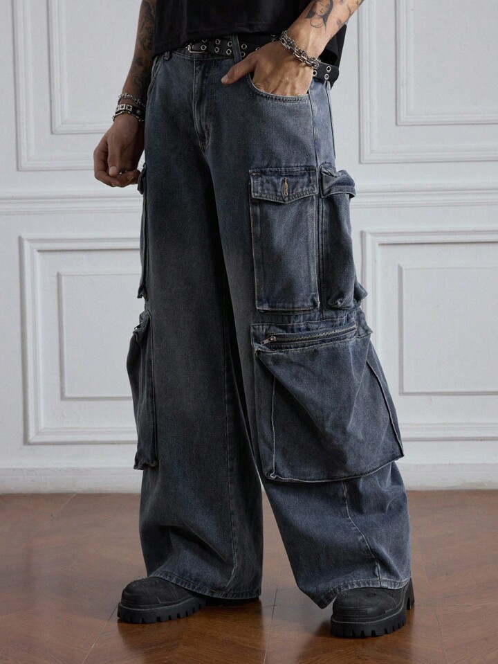 Street Life Plus Size Men's Casual Washed Loose Cargo Denim Jeans