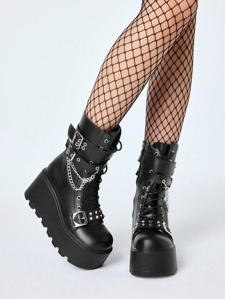 Grunge Punk 2025 Autumn/Winter New Round Toe Lace-Up Chain Punk Thick Sole Boots, Leather Outdoor Fashion Slip-On Mid-Calf Boots