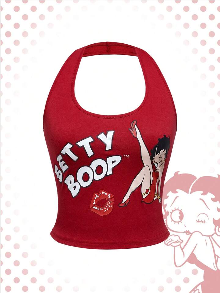 Betty Boop | ROMWE Cartoon Characters And Letters Print Fitted Cropped Halter Top For Summer, School