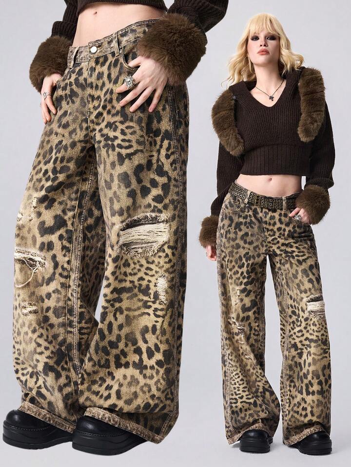 EDITION Y2K Vintage Distressed Leopard Print Loose Fit Super Low Waist Baggy Jeans