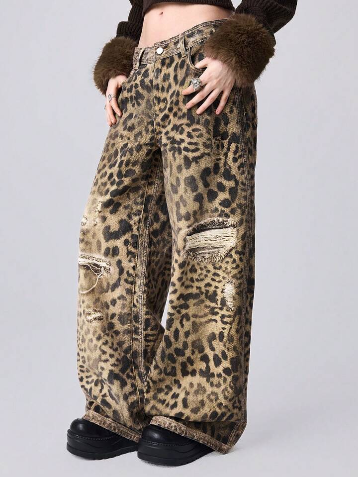 EDITION Y2K Vintage Distressed Leopard Print Loose Fit Super Low Waist Baggy Jeans 2 EDITION Y2K Vintage Distressed Leopard Print Loose Fit Super Low Waist Baggy Jeans
