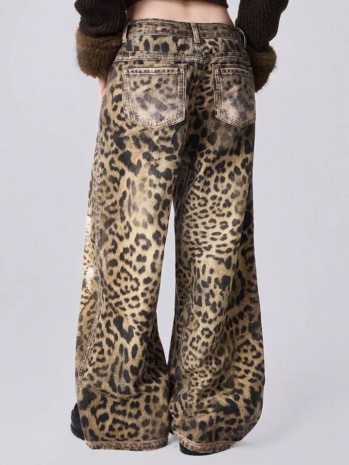 EDITION Y2K Vintage Distressed Leopard Print Loose Fit Super Low Waist Baggy Jeans 3 EDITION Y2K Vintage Distressed Leopard Print Loose Fit Super Low Waist Baggy Jeans