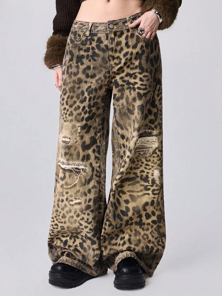 EDITION Y2K Vintage Distressed Leopard Print Loose Fit Super Low Waist Baggy Jeans 4 EDITION Y2K Vintage Distressed Leopard Print Loose Fit Super Low Waist Baggy Jeans