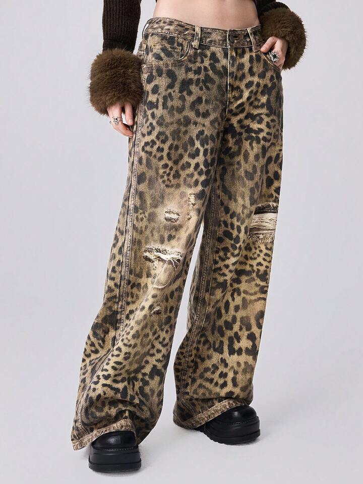 EDITION Y2K Vintage Distressed Leopard Print Loose Fit Super Low Waist Baggy Jeans 5 EDITION Y2K Vintage Distressed Leopard Print Loose Fit Super Low Waist Baggy Jeans