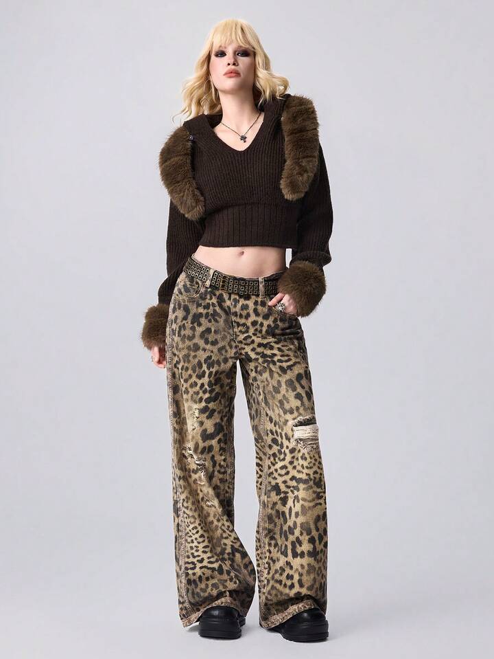 EDITION Y2K Vintage Distressed Leopard Print Loose Fit Super Low Waist Baggy Jeans 6 EDITION Y2K Vintage Distressed Leopard Print Loose Fit Super Low Waist Baggy Jeans