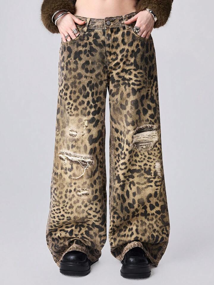 EDITION Y2K Vintage Distressed Leopard Print Loose Fit Super Low Waist Baggy Jeans 7 EDITION Y2K Vintage Distressed Leopard Print Loose Fit Super Low Waist Baggy Jeans