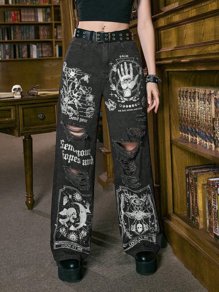 Academia All-Over Print Distressed Pocket Fashion Street Denim Jeans