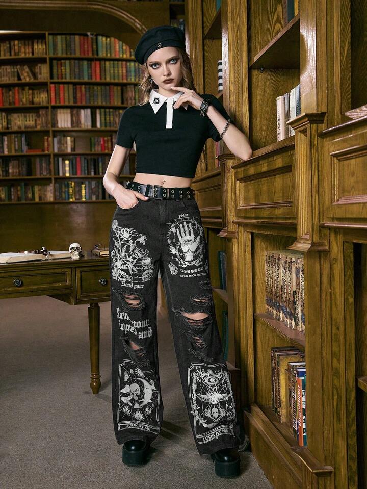 Academia All-Over Print Distressed Pocket Fashion Street Denim Jeans