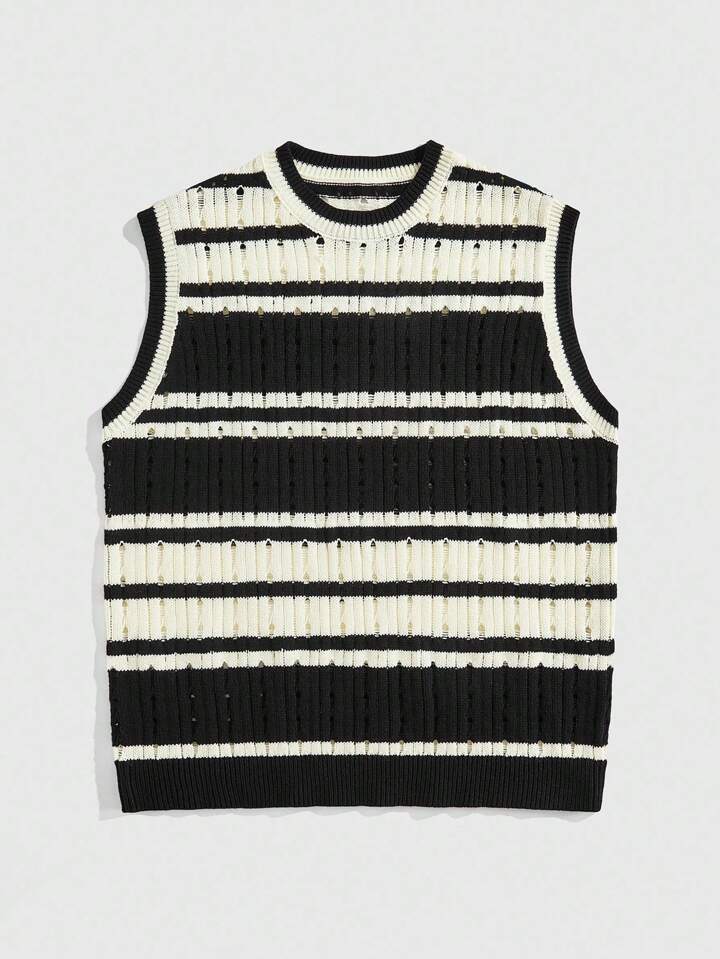 Men's Striped Round Neck Casual Loose Hollow-Out Knitted Vest
