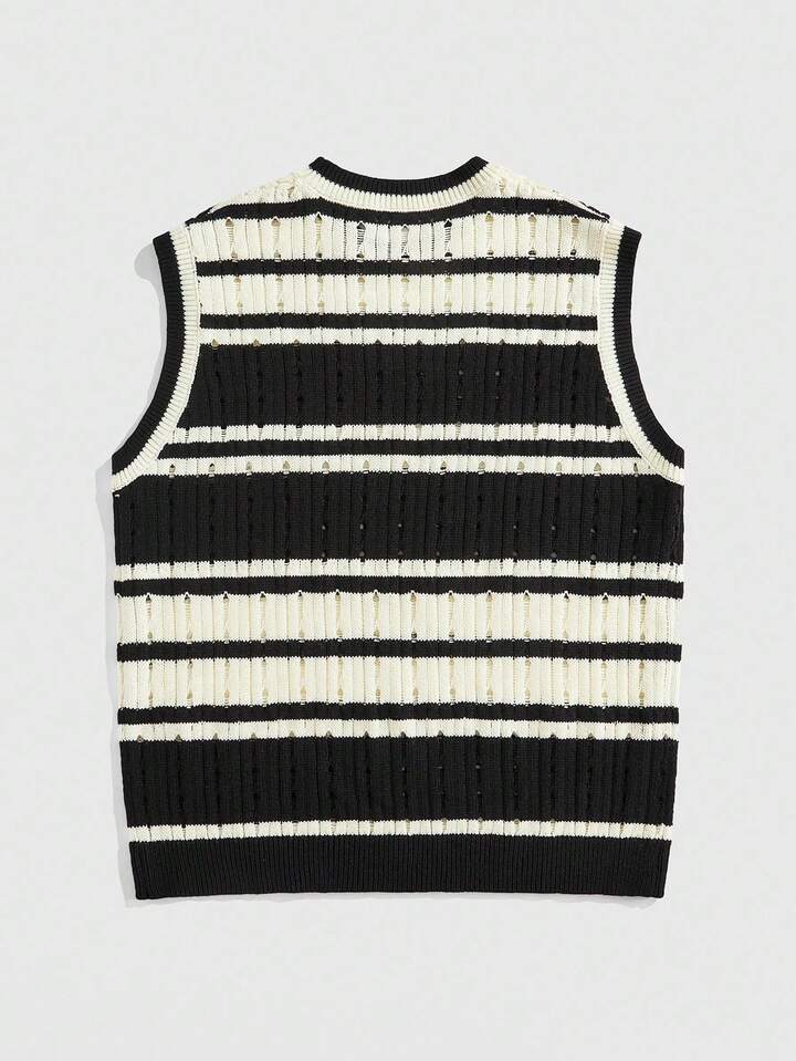 Men's Striped Round Neck Casual Loose Hollow-Out Knitted Vest