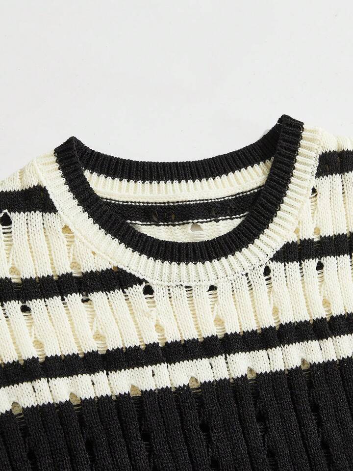 Men's Striped Round Neck Casual Loose Hollow-Out Knitted Vest