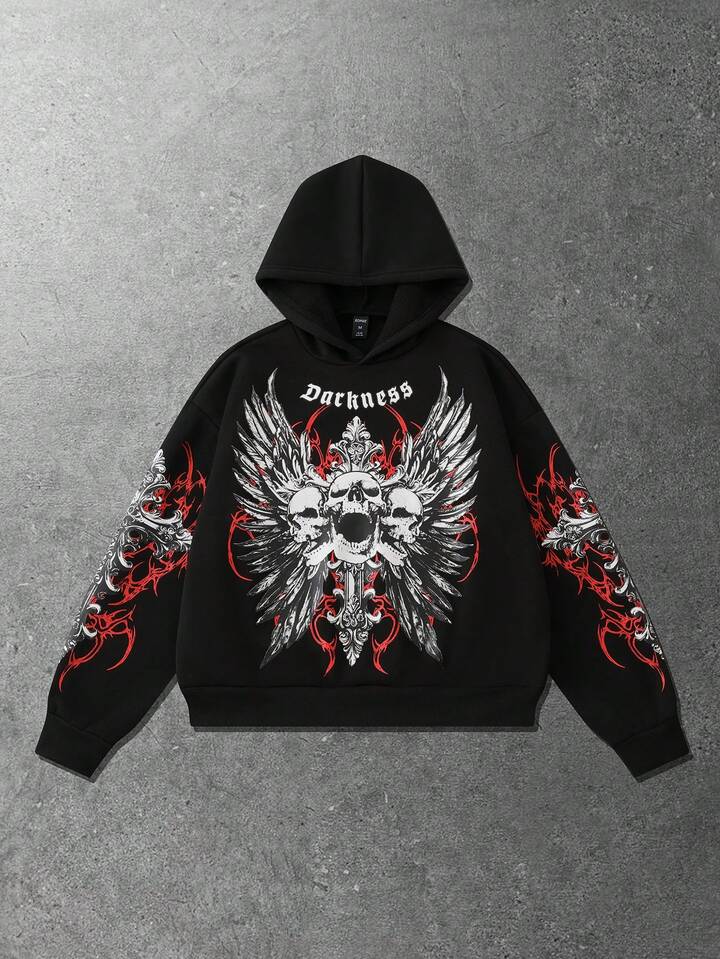 Goth Men's Boxer Skull Character Print Loose Cropped Hoodie, Long Sleeve Top