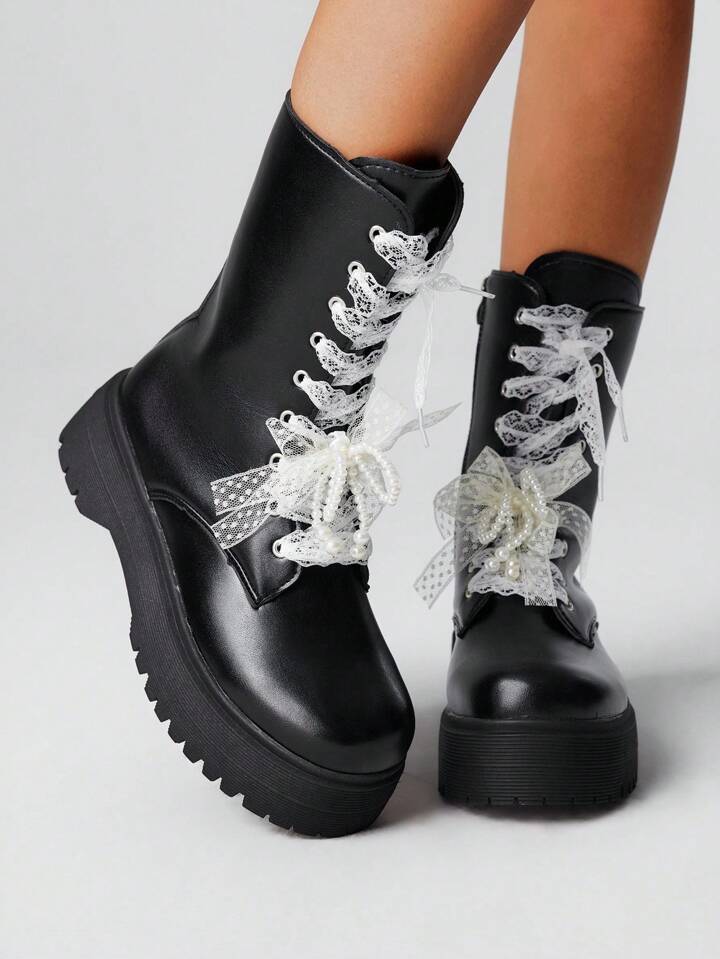 Women Gothic Punk Style Lace-Up Thick Platform Ankle Boots, Heeled Motorcycle Boots, Short And Mid-Calf Boots