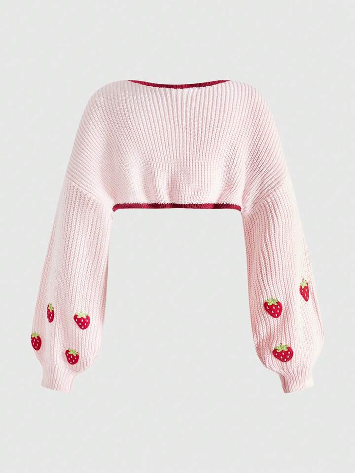 Plus Size Vintage Kawaii Cute Strawberry Cropped Long Sleeve Knit Cardigan, Autumn/Winter