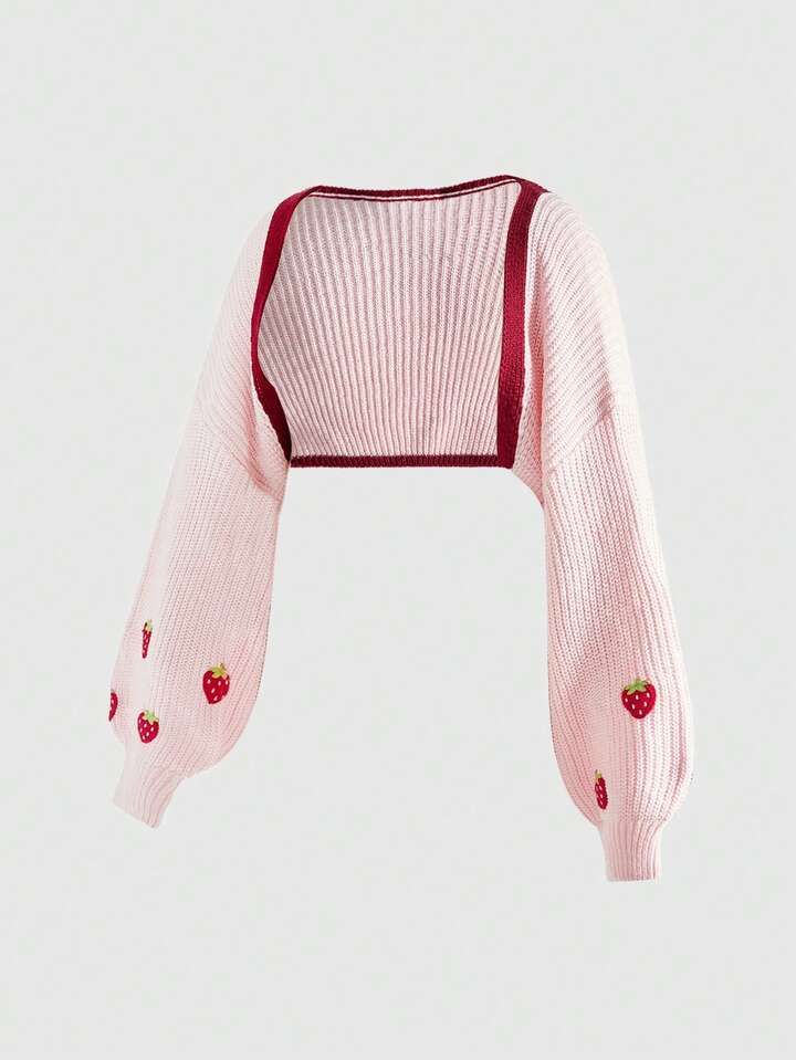 Plus Size Vintage Kawaii Cute Strawberry Cropped Long Sleeve Knit Cardigan, Autumn/Winter