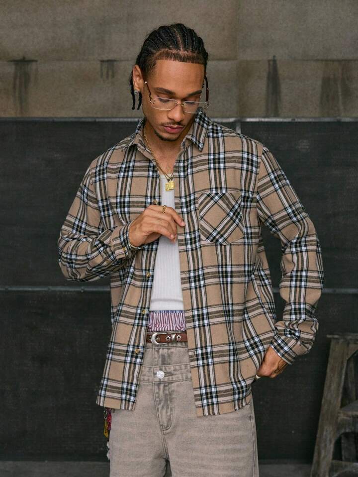Guys Plaid Print Pocket Patched Shirt