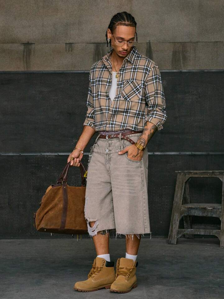 Guys Plaid Print Pocket Patched Shirt