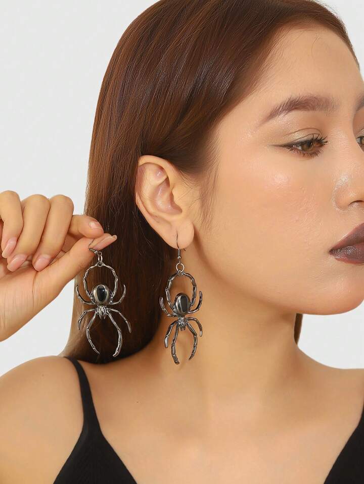 1 Pair Gothic Style Gun & Black Spider Earrings, Suitable For Daily Wear, Parties And Gatherings