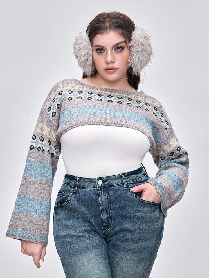 Kawaii Plus Size Crew Neck Fair Isle Pattern Cropped Sweater, Versatile For Autumn/Winter