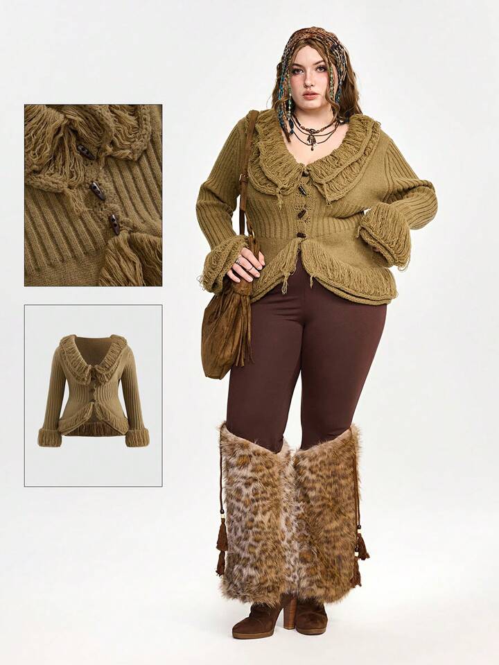 Fairycore Plus Size Vintage Floral Ruffle Trim Long Sleeve Knit Cardigan, Autumn/Winter