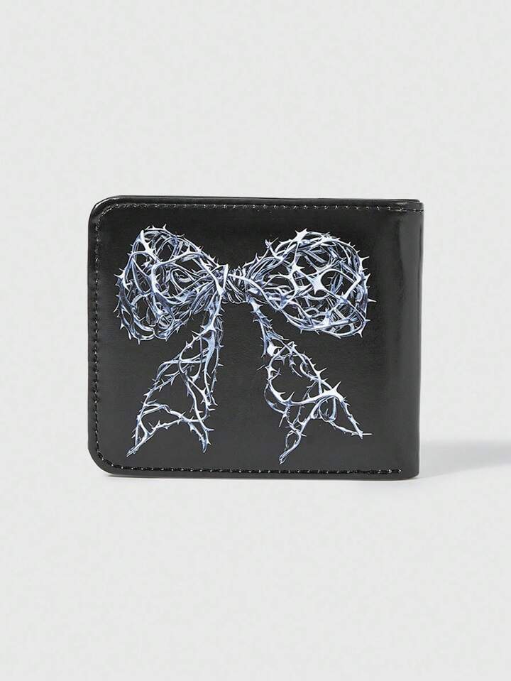 Kawaii 1pc Gothic Thorn Vine & Bow Print Bifold Casual Short Wallet, Portable Zipper Coin Purse, Punk Style Pocket Purse, Unisex, Halloween