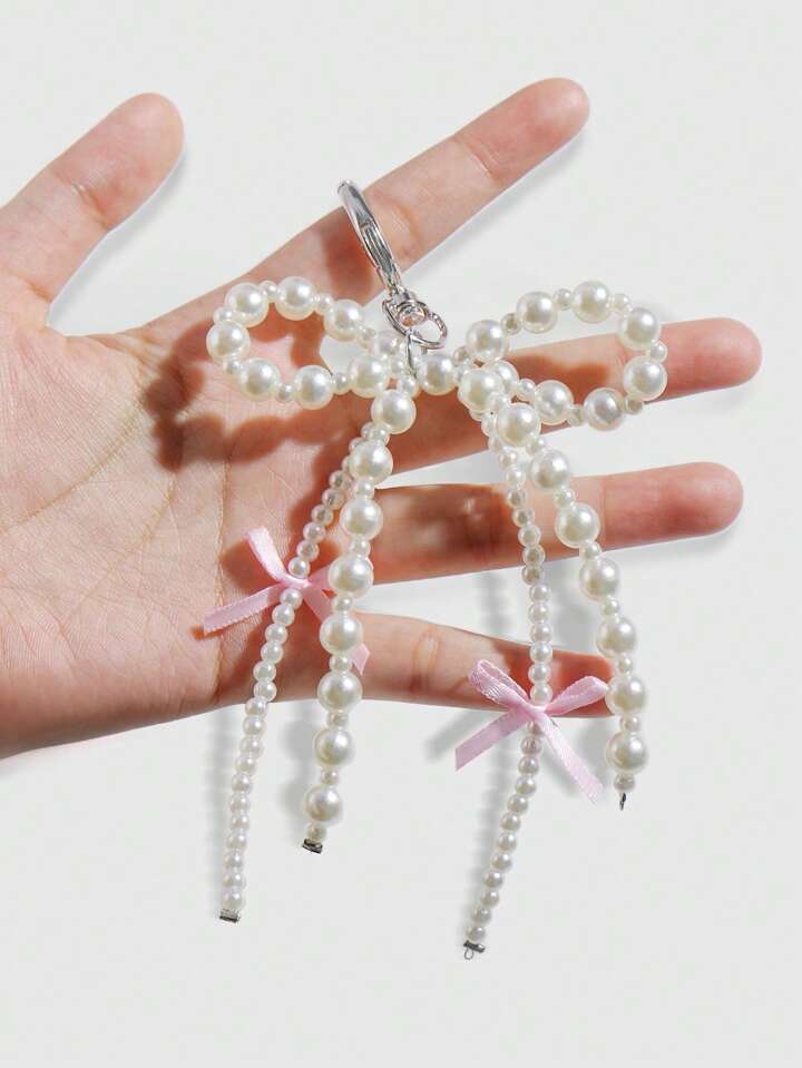Kawaii 1pc Korean Simple Sweet And Cool Faux Pearl Pendant Keychain With 2 Pink Ribbon Bows, For Bag And Key Decoration Valentines