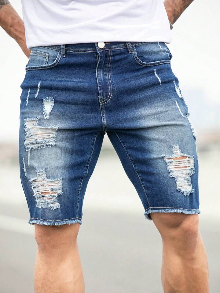 Guys Ripped Frayed Raw Hem Denim Shorts