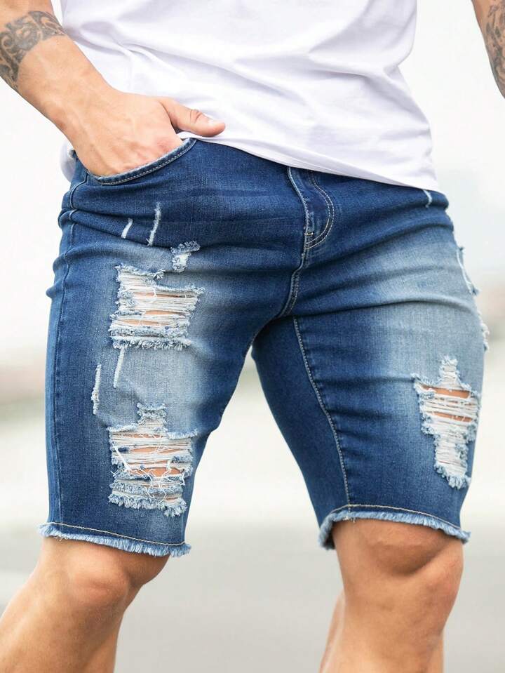 Guys Ripped Frayed Raw Hem Denim Shorts
