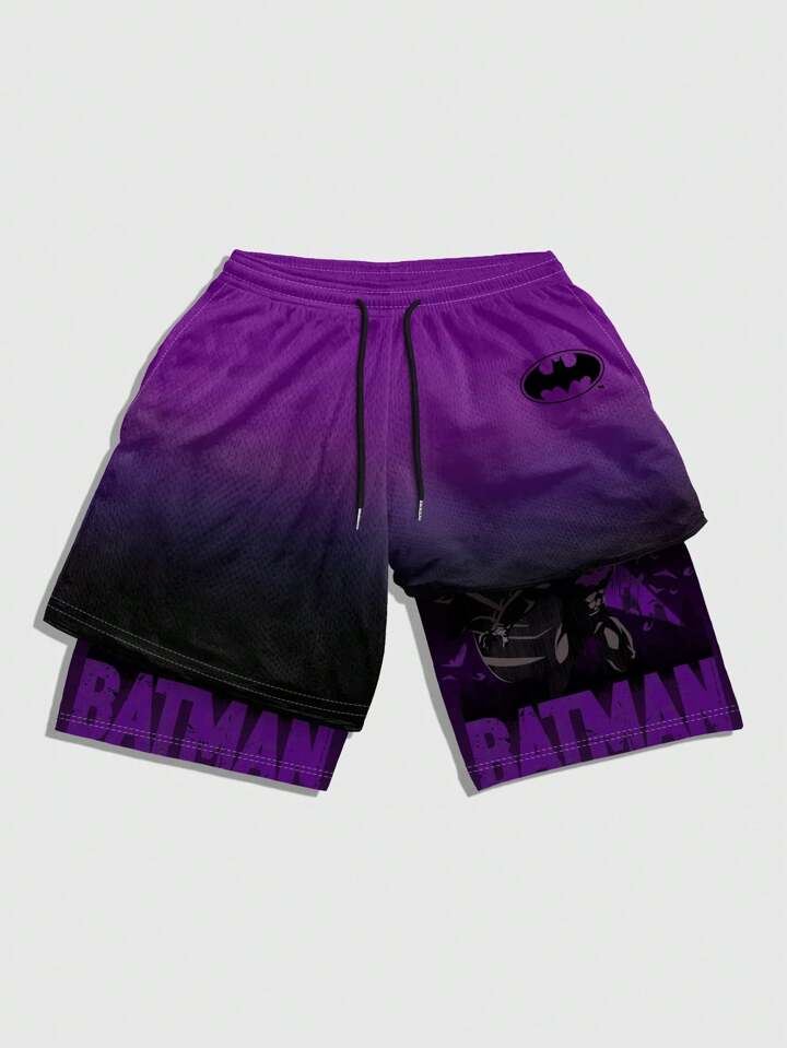 Batman X ROMWE Men's Gradient Letter Graphic Drawstring Waist Shorts, Summer