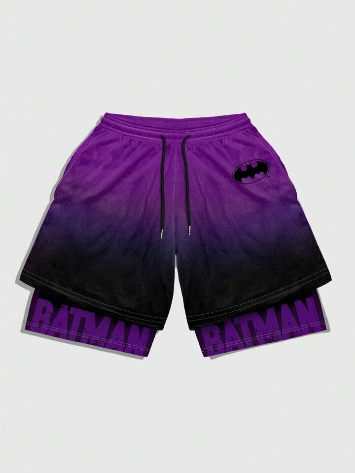 Batman X ROMWE Men's Gradient Letter Graphic Drawstring Waist Shorts, Summer 5 Batman X ROMWE Men's Gradient Letter Graphic Drawstring Waist Shorts, Summer