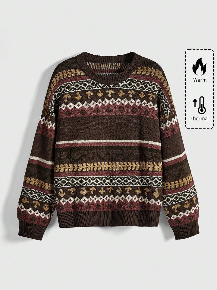 Fairycore Vintage Mushroom Brown Earthy Striped Geometric Pattern Plus Size Pullover Sweater, Plus Size Women Autumn/Winter Pullover Sweater, Vintage Casual Christmas Sweater For Women