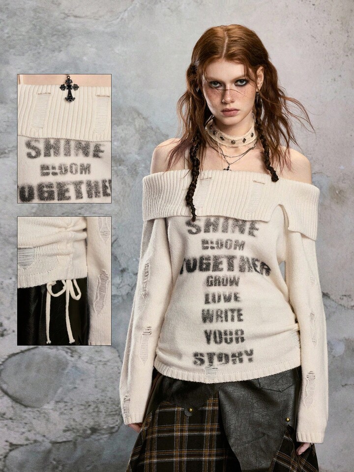 EDITION Women's Vintage Casual Off-Shoulder Distressed Spaghetti Strap Letter Logo Print Pullover Sweater
