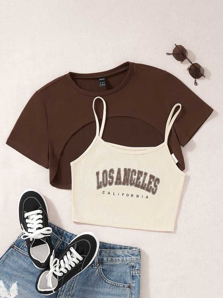 Letter Graphic Cami Top & High Low Tee Graphic Tees Women Tops