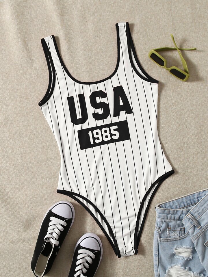 Striped & Letter Graphic Contrast Binding Bodysuit