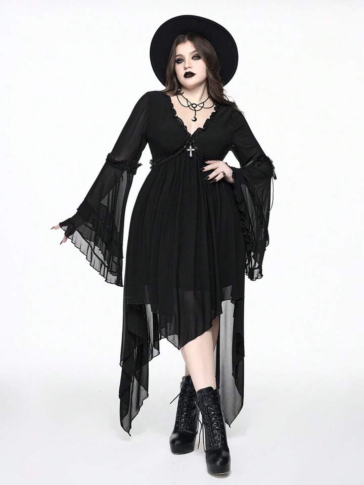 EDITION Plus Size Gothic Elegant Jacquard Mesh Asymmetrical Flowy Hem Double Ruffle Flare Sleeve Formal Dress, Autumn/Winter Plus Size Long Sleeve Flowing Gothic Everyday Plus Size Dress, Autumn/Winter Everyday Women's Clothing, Plus Size Black Autumn/Winter Women's Dress