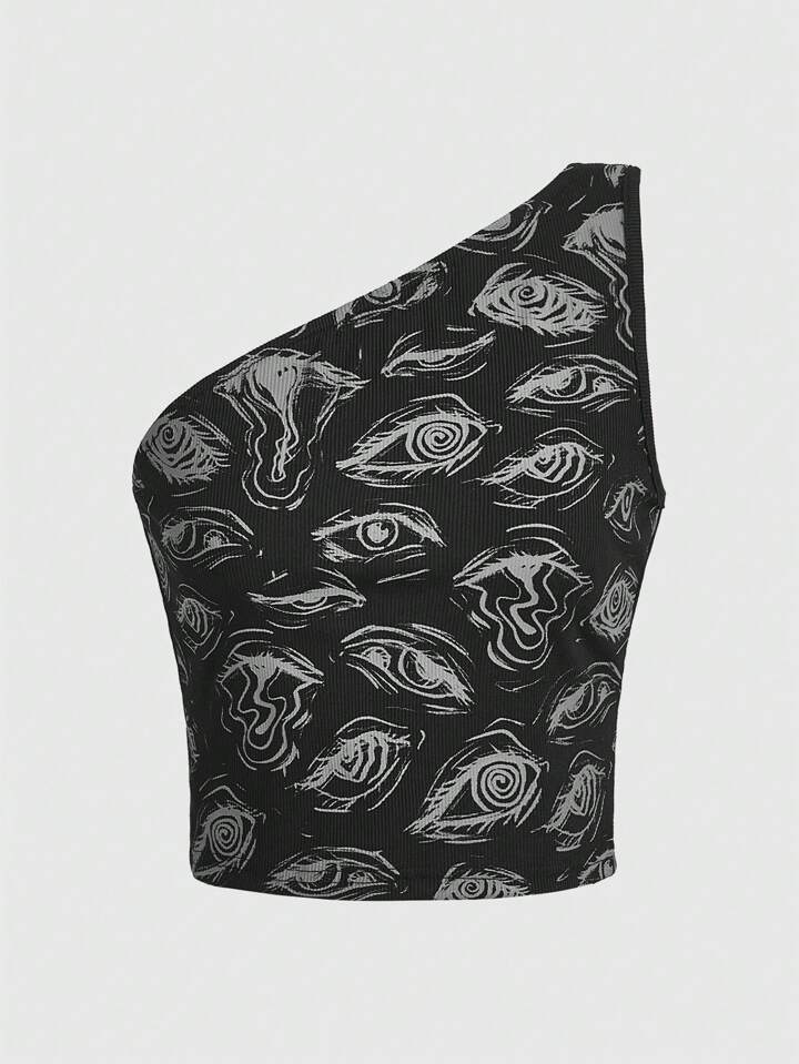 Kdsyng Women's Fashionable Eye Print One Shoulder Sleeveless Top For Summer
