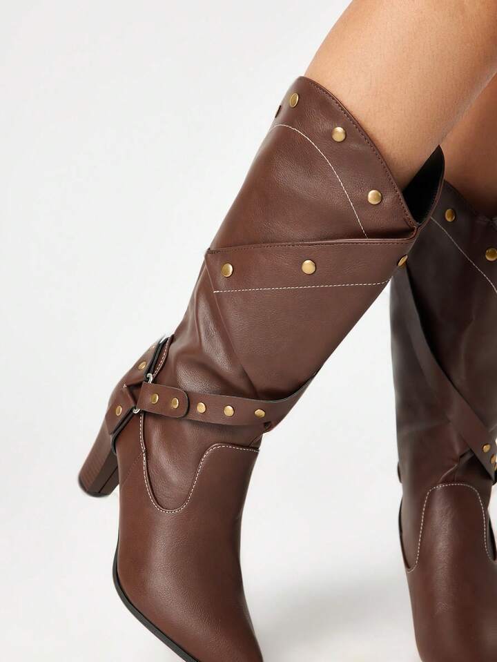 2025 New Slim Heel High Heels PU Rivet Western Cowboy Boots, Women's Boots, Stacked Heel Riding Boots