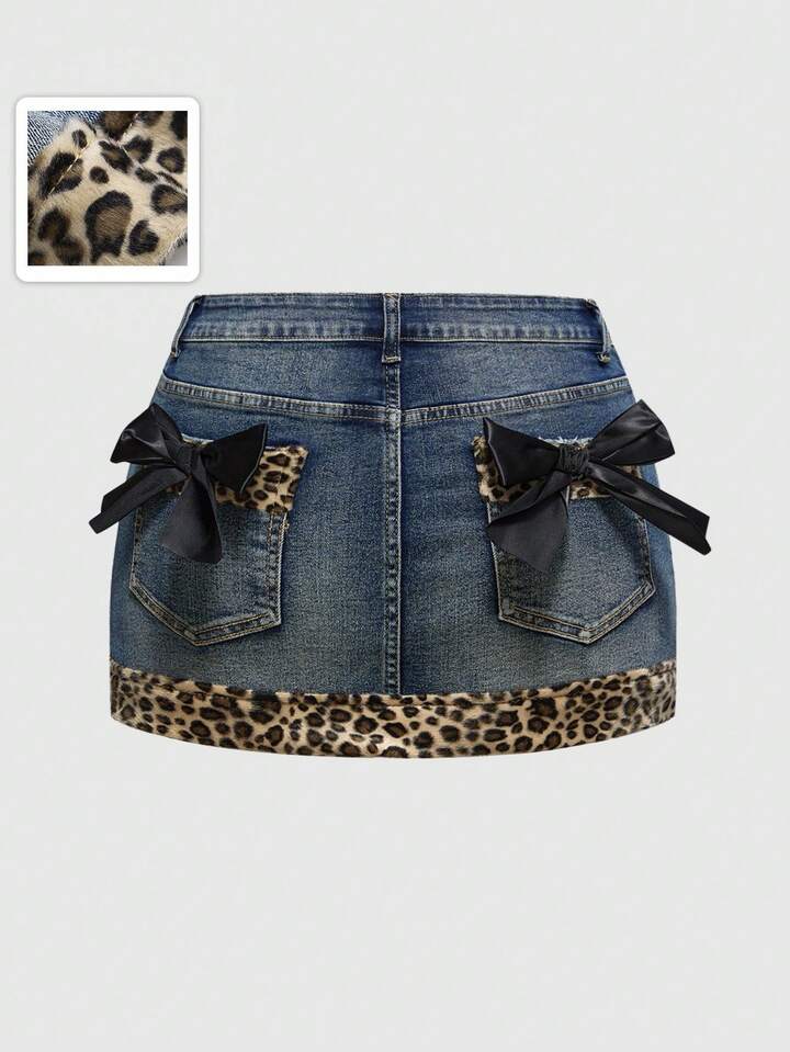 Kawaii Y2K Subculture Vintage Sexy Leopard Print Patchwork Bow Decor Plus Size Women Denim Mini Skirt, Autumn/Winter