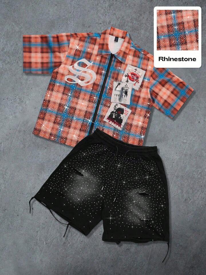 Street Life Summer Men's Plaid Rhinestone Embellished Shirt Paired With Black Washed Distressed Rhinestone Embellished Shorts Set