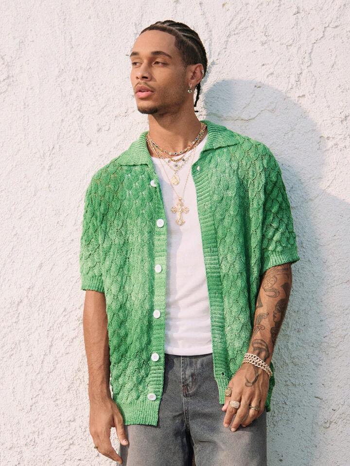 Casual Men's Ombre Lapel Fingerprint Hollow-Out Jacquard Knit Cardigan, Vacation