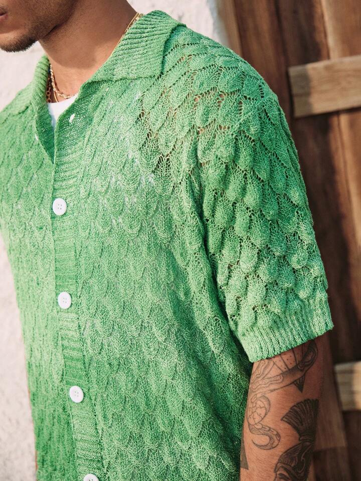 Casual Men's Ombre Lapel Fingerprint Hollow-Out Jacquard Knit Cardigan, Vacation