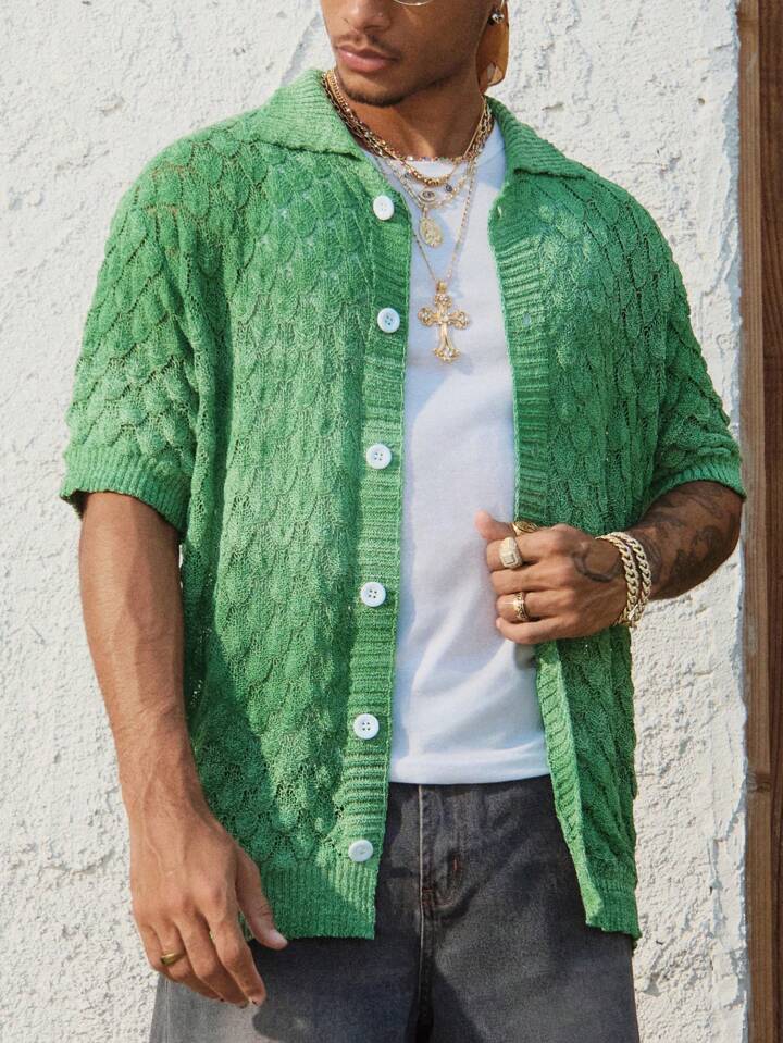 Casual Men's Ombre Lapel Fingerprint Hollow-Out Jacquard Knit Cardigan, Vacation