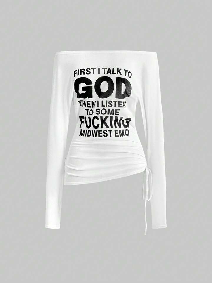 ROMWE Avant 1pc Women's Off Shoulder Long Sleeve T-Shirt With English Slogan Print
