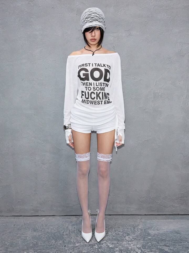 ROMWE Avant 1pc Women's Off Shoulder Long Sleeve T-Shirt With English Slogan Print