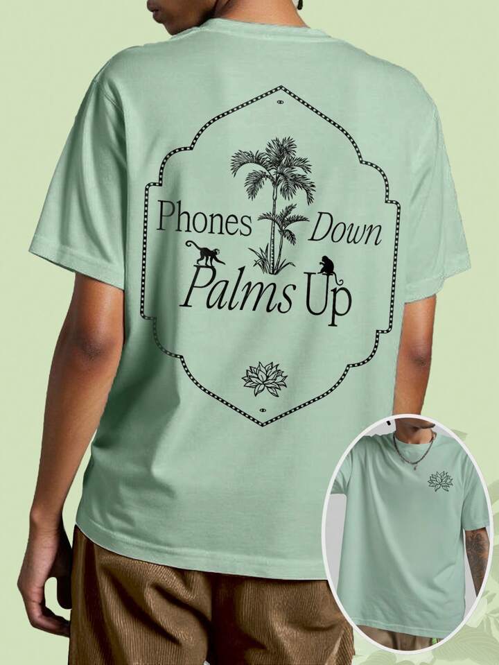 The White Lotus Men's Lotus Flower Pattern Short Sleeve T-Shirt, Casual Summer Stylish Brand, Green Color