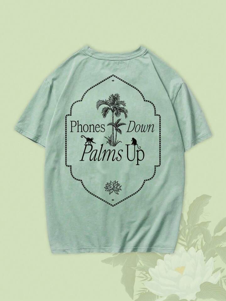 The White Lotus Men's Lotus Flower Pattern Short Sleeve T-Shirt, Casual Summer Stylish Brand, Green Color