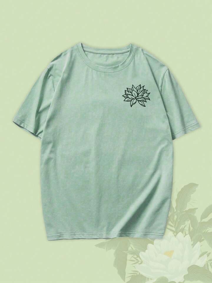 The White Lotus Men's Lotus Flower Pattern Short Sleeve T-Shirt, Casual Summer Stylish Brand, Green Color
