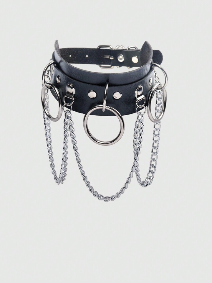 Grunge Punk 1pc Punk Style Pu Leather Circle Chain Tassel Necklace Suitable For Ladies' Daily Wear
