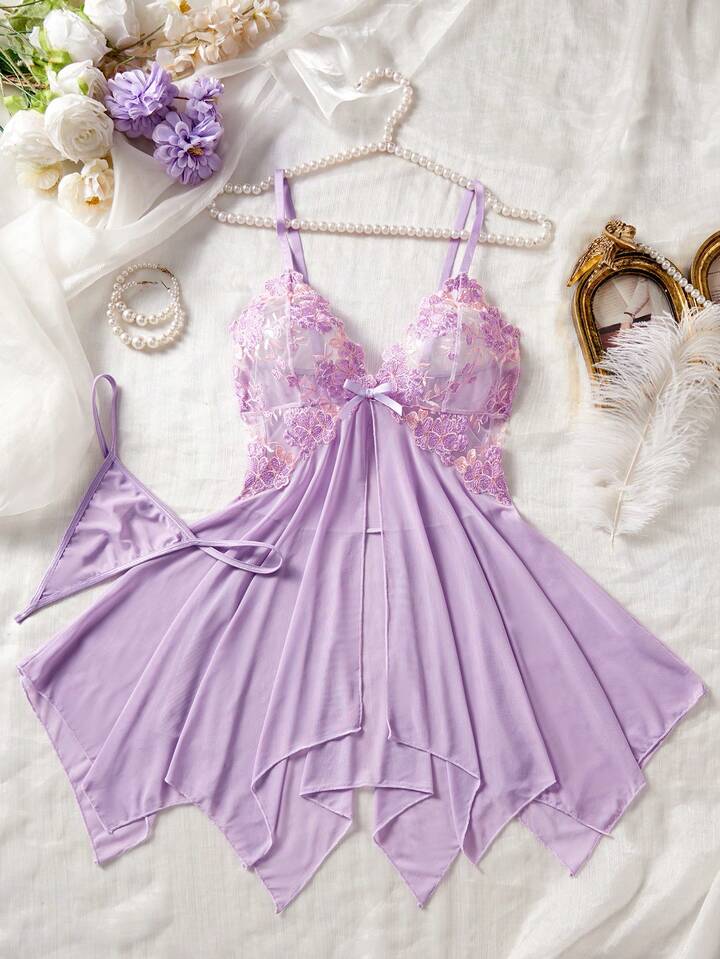 Kawaii Unlock The Mysterious Light Purple Embroidered Sheer Nightgown, Gently Wrapping The Charming Figure, Sexy Asymmetric/Asymmetrical Sheer Thong, Going Out, For Valentine's Day