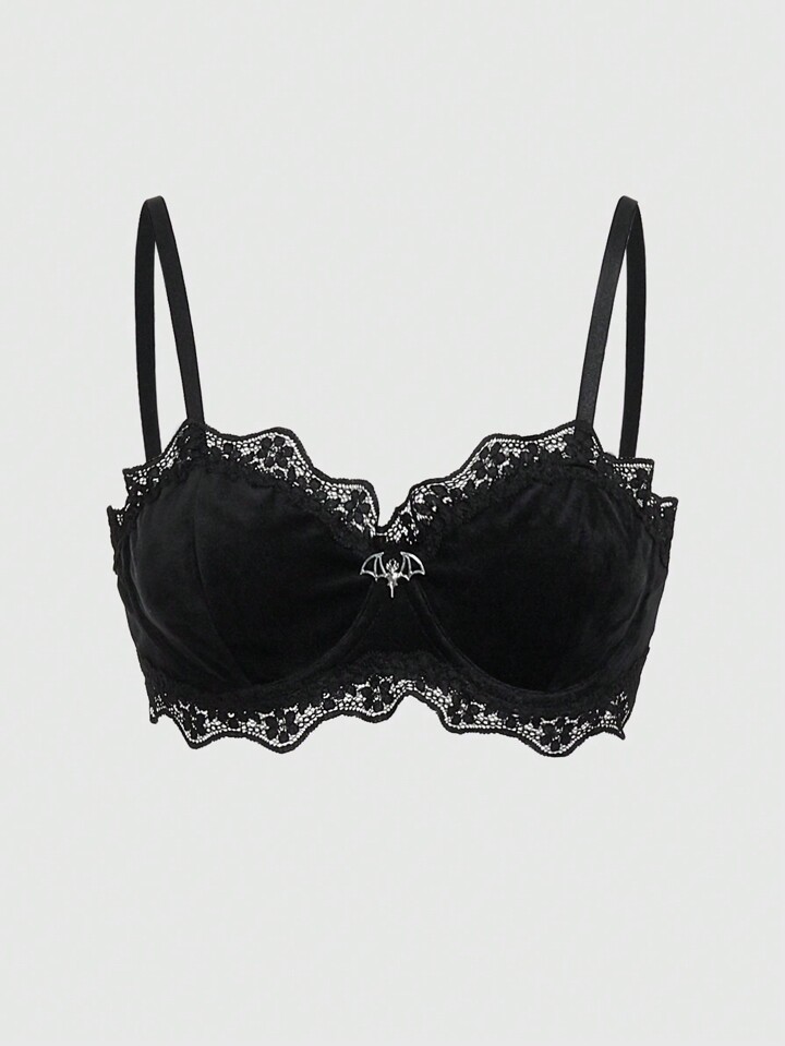Grunge Punk Ladies Velvet & Lace & Underwire Design Bat Shaped Pendant Bralette, Lingerie